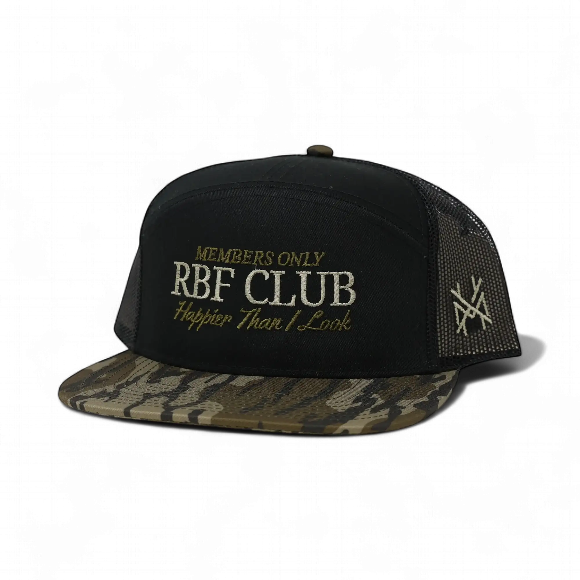 Black RBF Club Signature Hat by The Mad Hatter Company, 7-panel design with bottomland camouflage pattern.