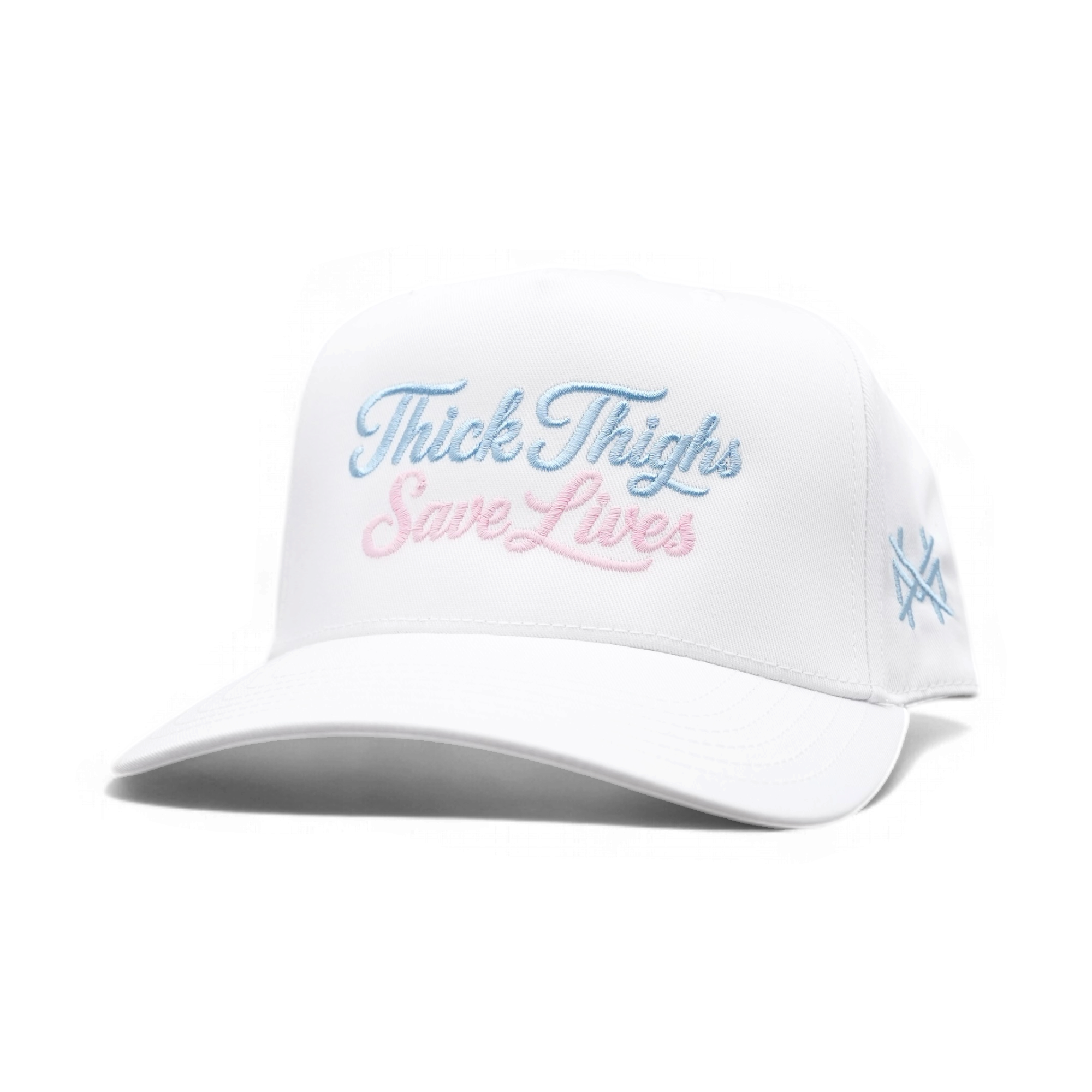 A white baseball cap with 'Thick Thighs Save Lives' embroidered on the front in blue and pink script, and a small blue logo on the side, shown on a plain white background.