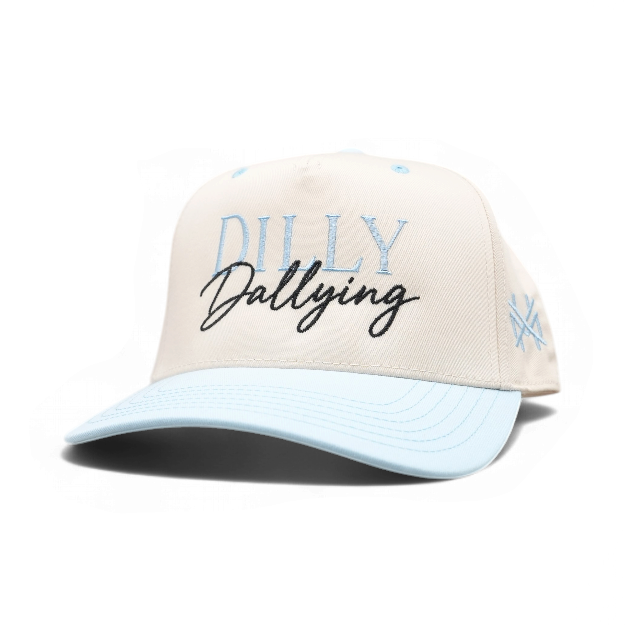 An off-white baseball cap with a light blue brim, featuring 'DILLY Dallying' embroidered on the front in light blue and black, with a small light blue star on the side.
