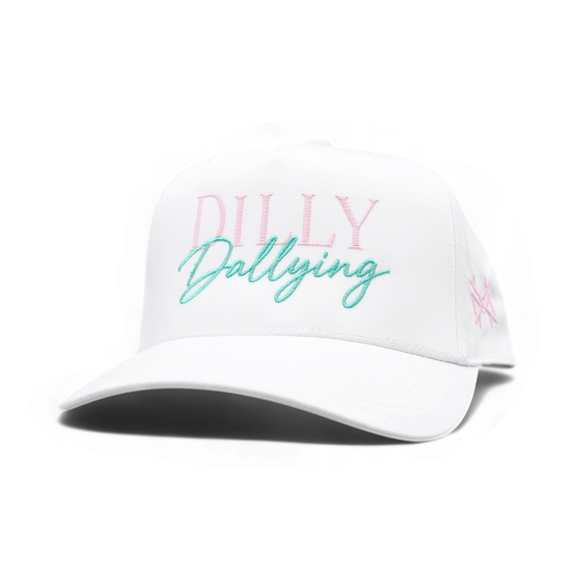 A white structured baseball cap with 'DILLY Dallying' embroidered on the front in pink and teal, shown on a clean white background.