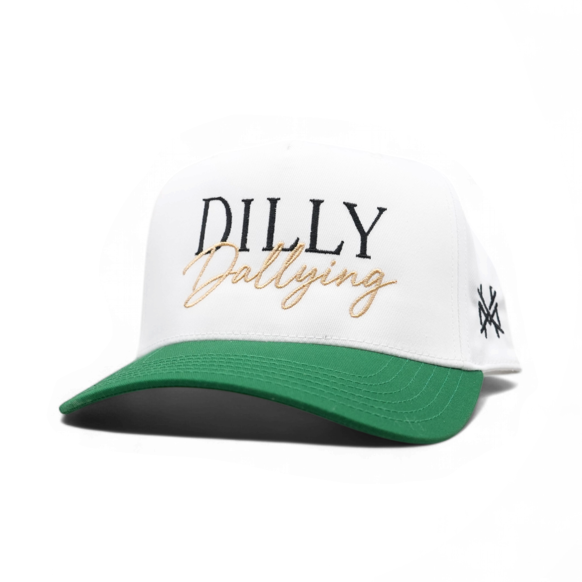 A white and green trucker-style cap with 'DILLY Dallying' embroidered on the front in black and gold, and a black embroidered logo on the side, shown on a white background.
