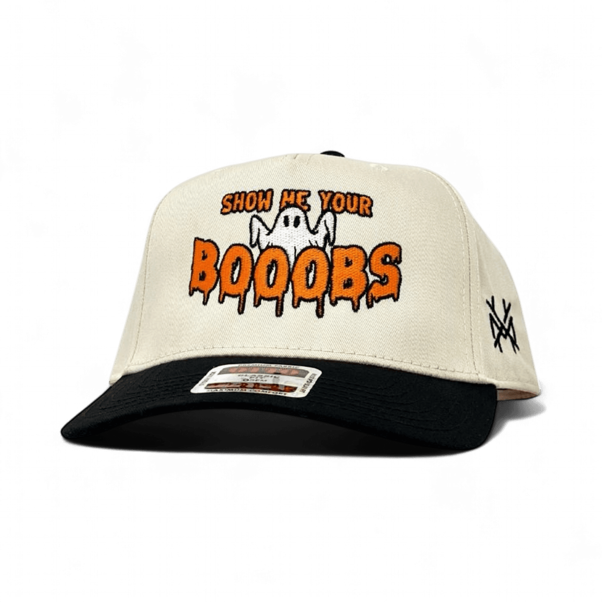Cream and black Show Me Your B00BS trucker hat with an embroidered ghost and orange lettering