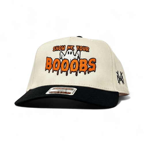 Cream and black Show Me Your B00BS trucker hat with an embroidered ghost and orange lettering