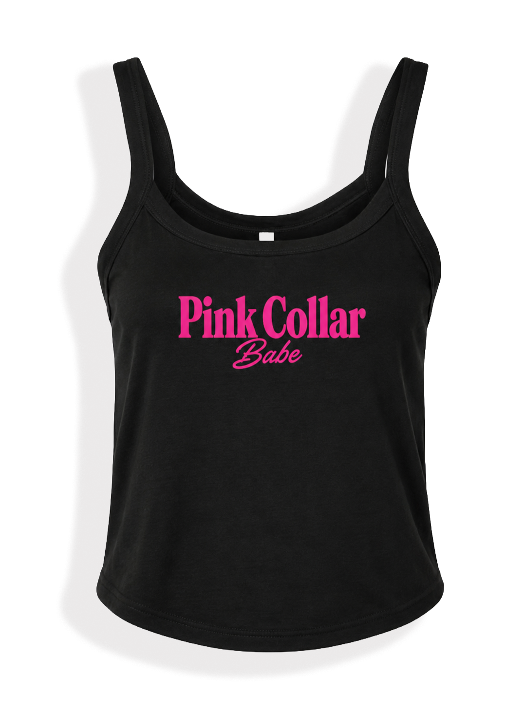 A black scoop-neck tank top with 'Pink Collar Babe' printed in pink across the chest, displayed on a clean white background.