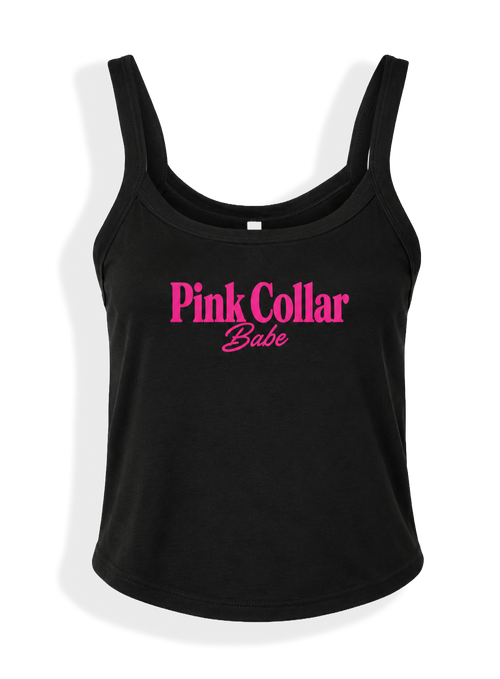 A black scoop-neck tank top with 'Pink Collar Babe' printed in pink across the chest, displayed on a clean white background.