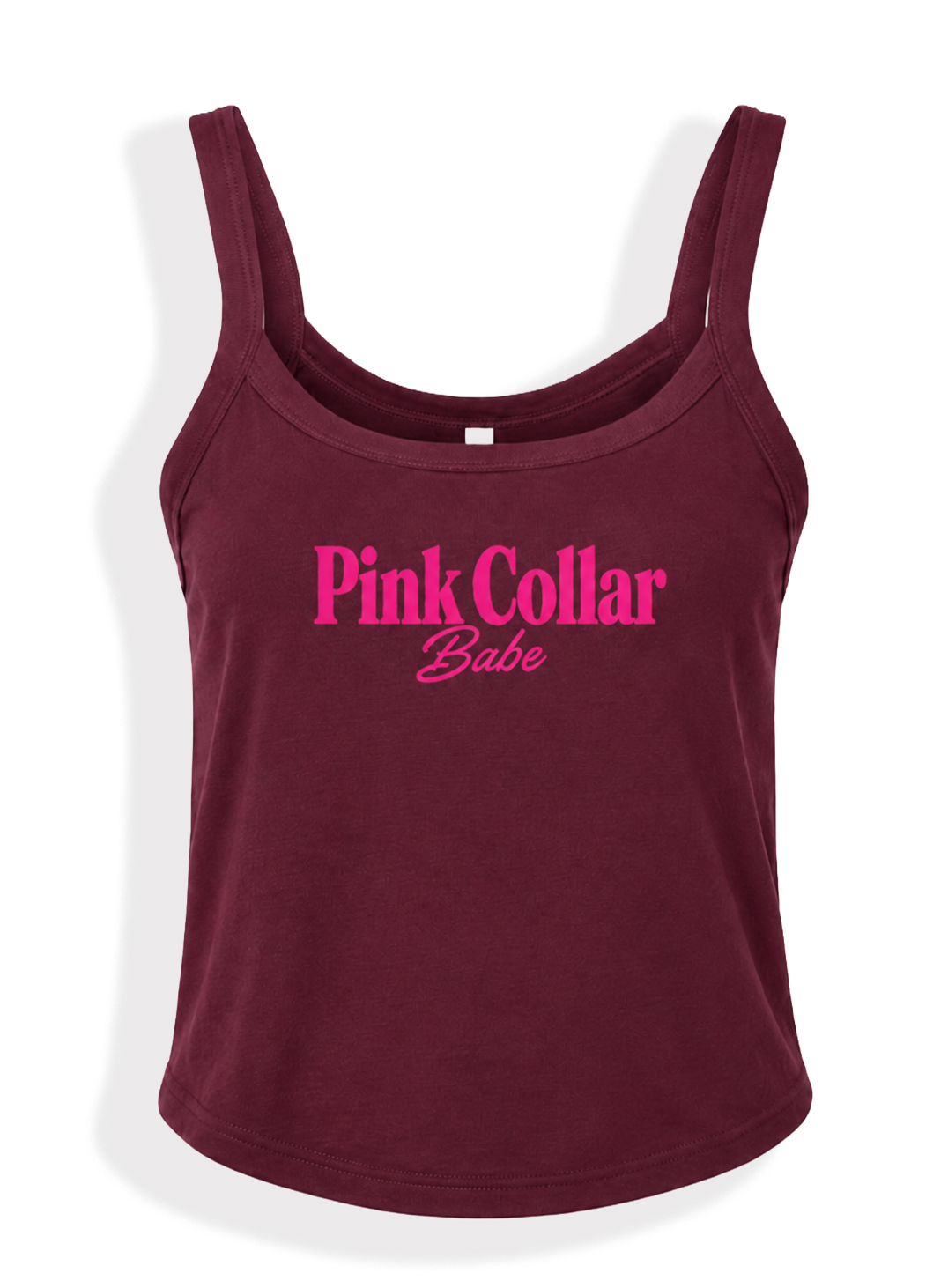 A sleeveless scoop-neck tank top in deep burgundy with 'Pink Collar Babe' printed in bright pink across the chest, shown on a clean white background.