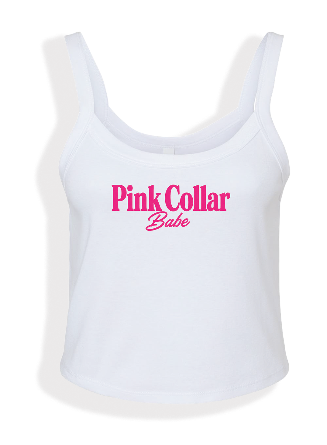 A white sleeveless crop tank top with the words 'Pink Collar Babe' printed in pink across the chest, shown on a plain white background.