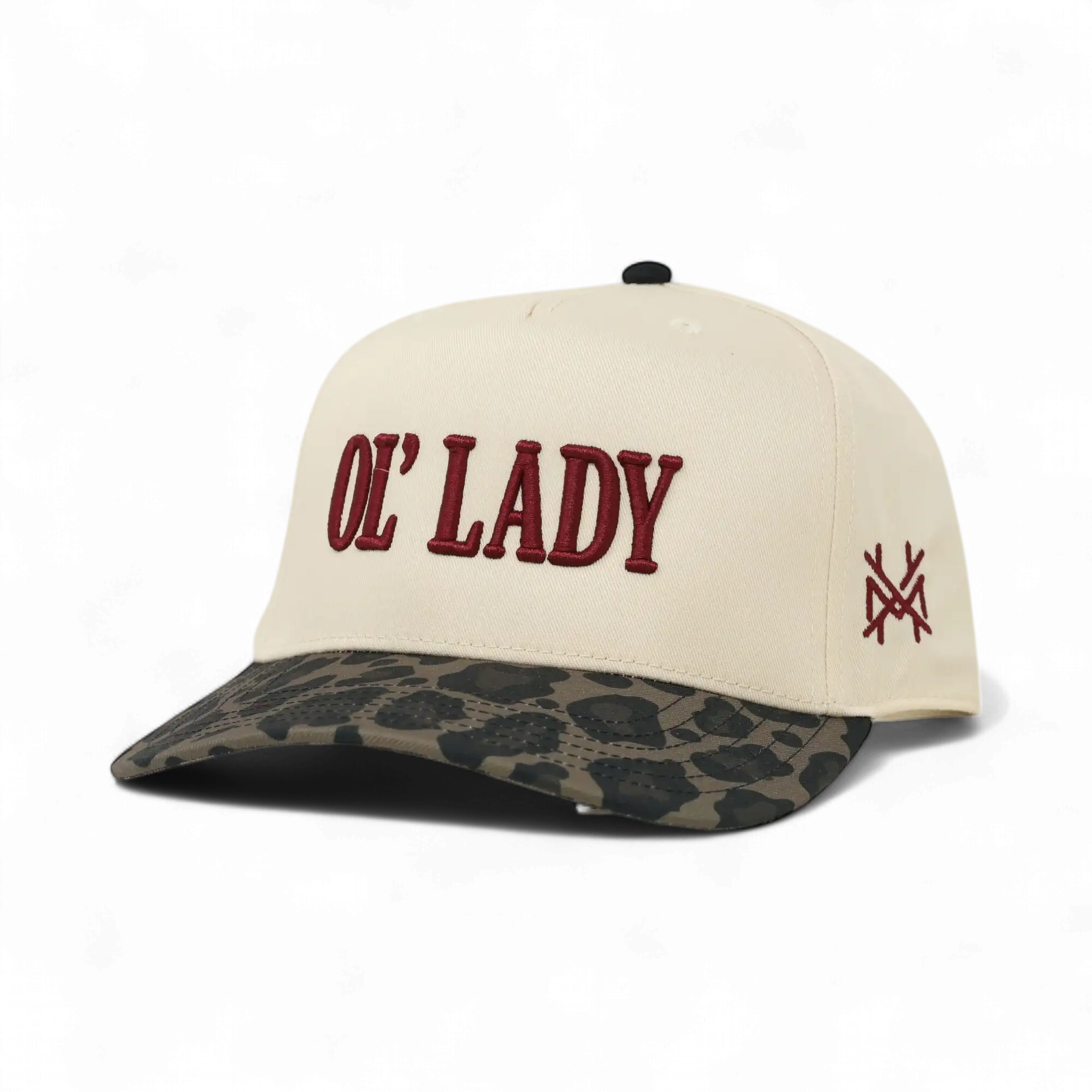 Retro leopard print snapback hat by The Mad Hatter Company featuring a signature trucker cap design.