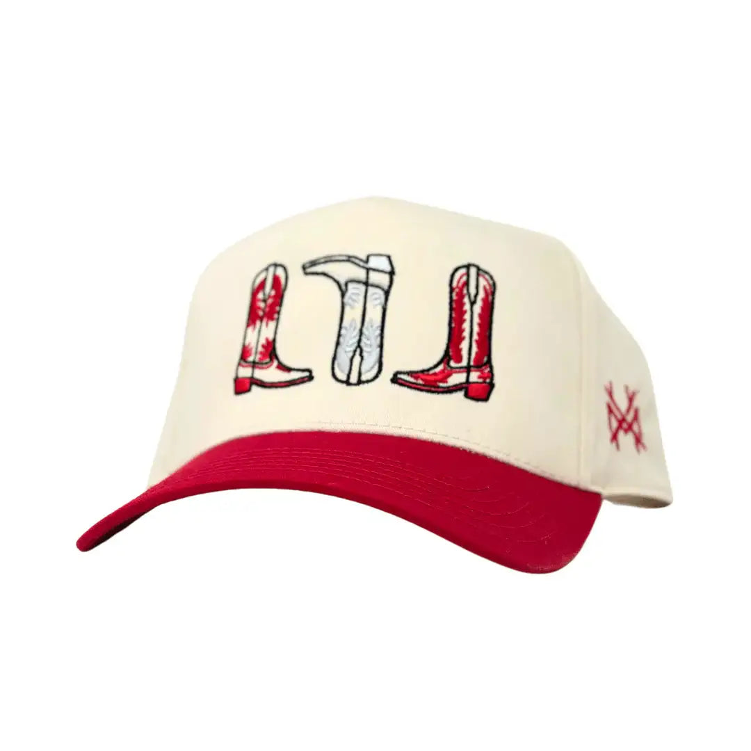 Red and White Trucker Hat with Boot Design Red, White, and Boots Trucker Hat – Texas Sun Creative main image 4